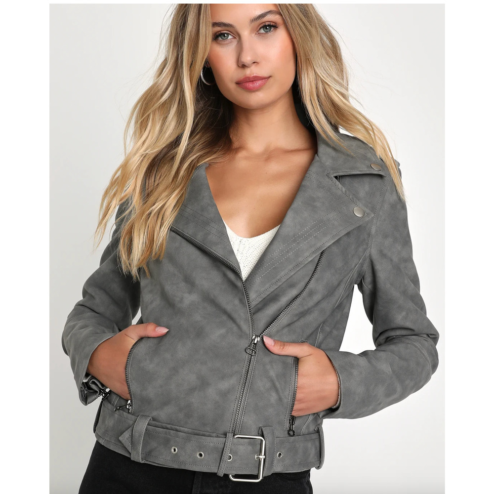 NWT Charcoal Grey Vegan‎ Leather Size XL Gray Zip Pockets Asymmetrical Belted